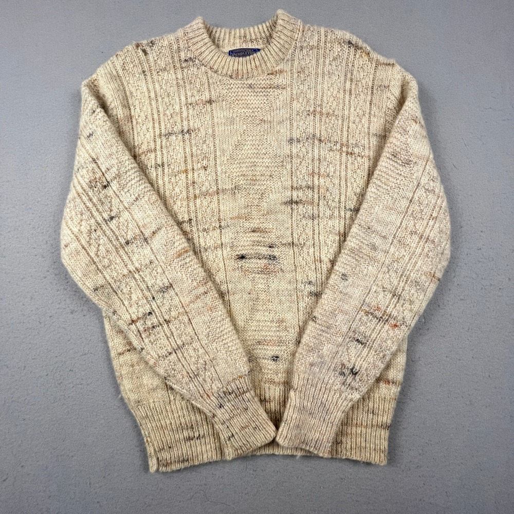 Pendleton Wool Sweater Mens XL Beige Multi Color Fleck Cable Knit Vintage USA